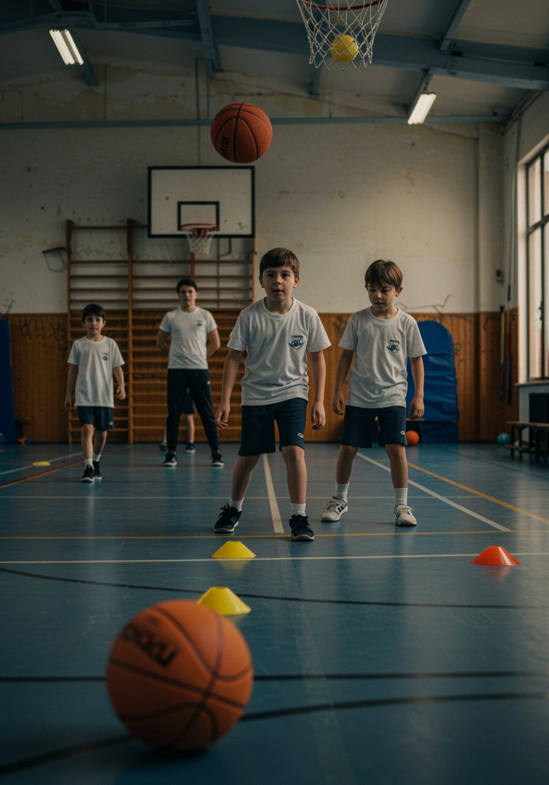 "Ilustración digital en alta resolución de niños y niñas en un gimnasio escolar de Sevilla, practicando baloncesto y fútbol con equipamiento de gimnasia, bajo la supervisión de un entrenador en un ambiente dinámico."