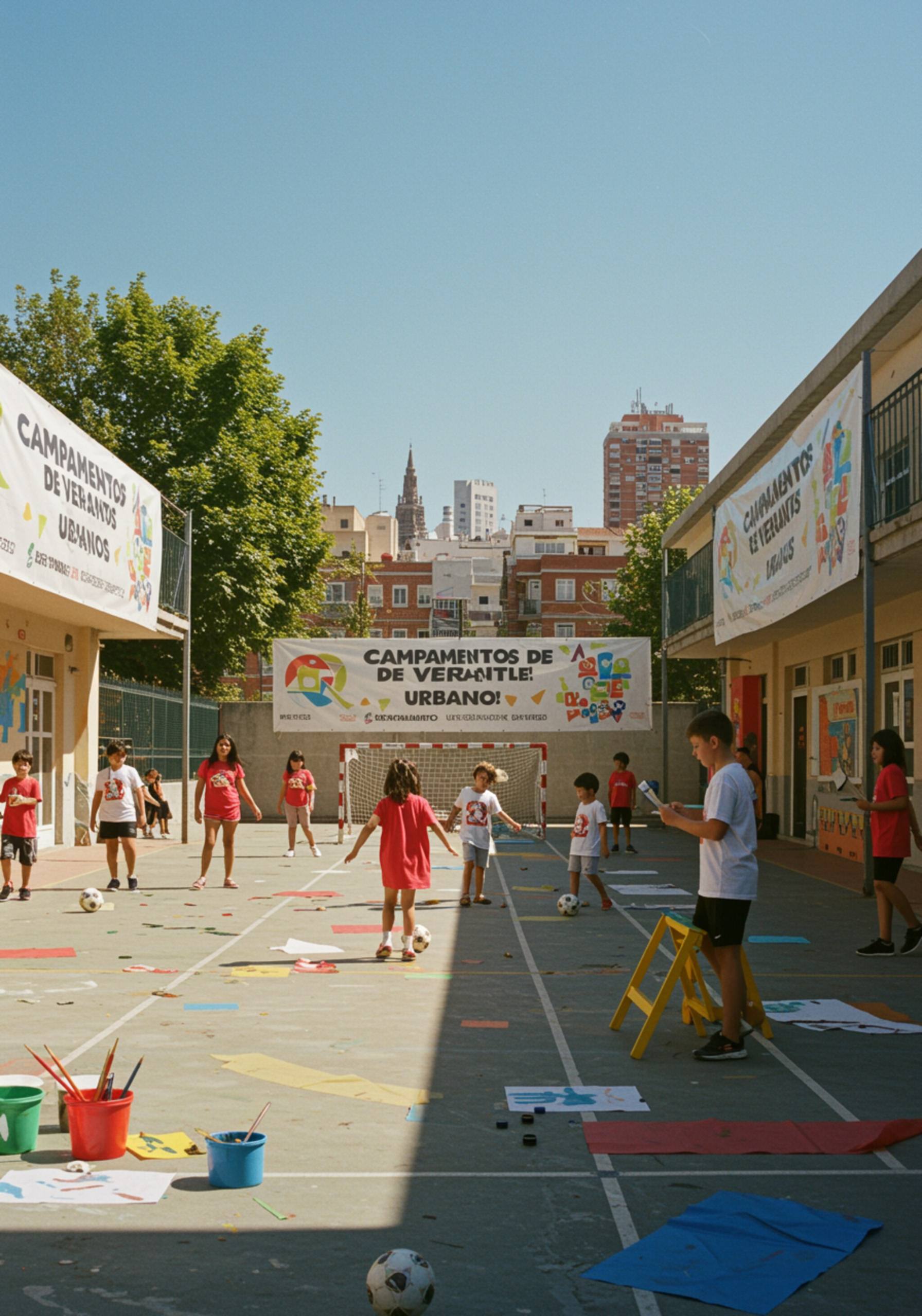 "Banner de campamento de verano urbano en Madrid con niños jugando fútbol y pintando en un ambiente alegre y soleado."
