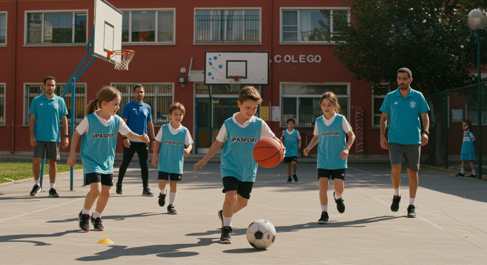 "Ilustración digital vibrante de niños escolares blancos jugando baloncesto y fútbol en un patio de colegio en Madrid, con uniformes UPASPORT, bajo la supervisión de un entrenador en un entorno educativo seguro."