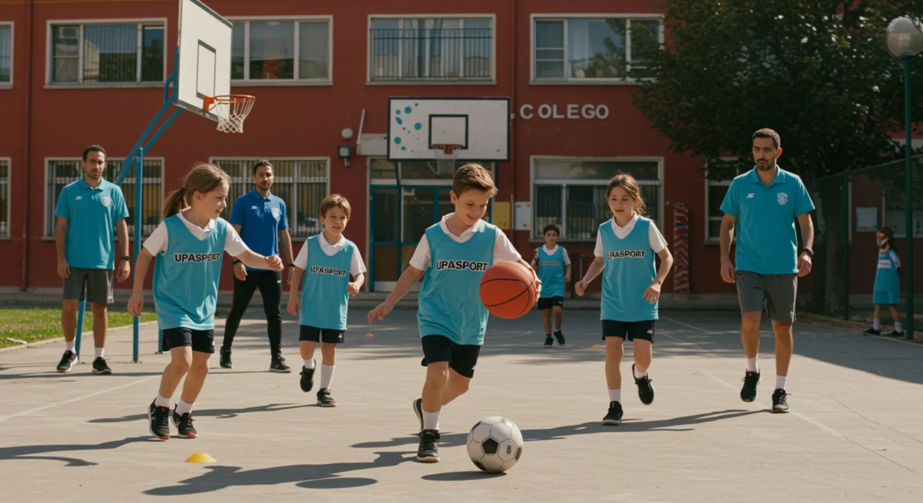 imagen26 1 "Ilustración digital vibrante de niños escolares blancos jugando baloncesto y fútbol en un patio de colegio en Madrid, con uniformes UPASPORT, bajo la supervisión de un entrenador en un entorno educativo seguro."