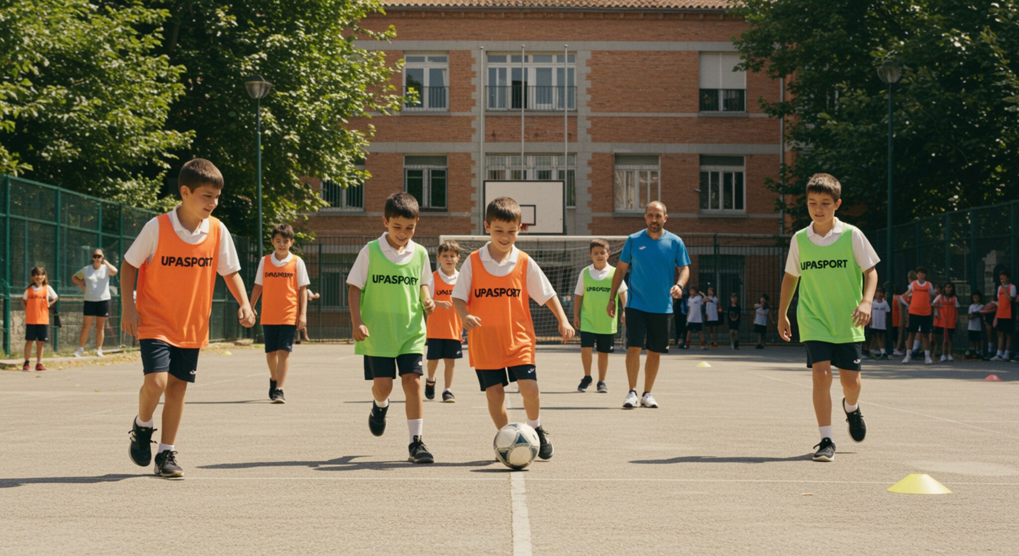 "Grupo de niños de escuela en Madrid jugando al fútbol con uniformes de UPASPORT en un campamento de verano, bajo un cielo azul y rodeados de naturaleza."