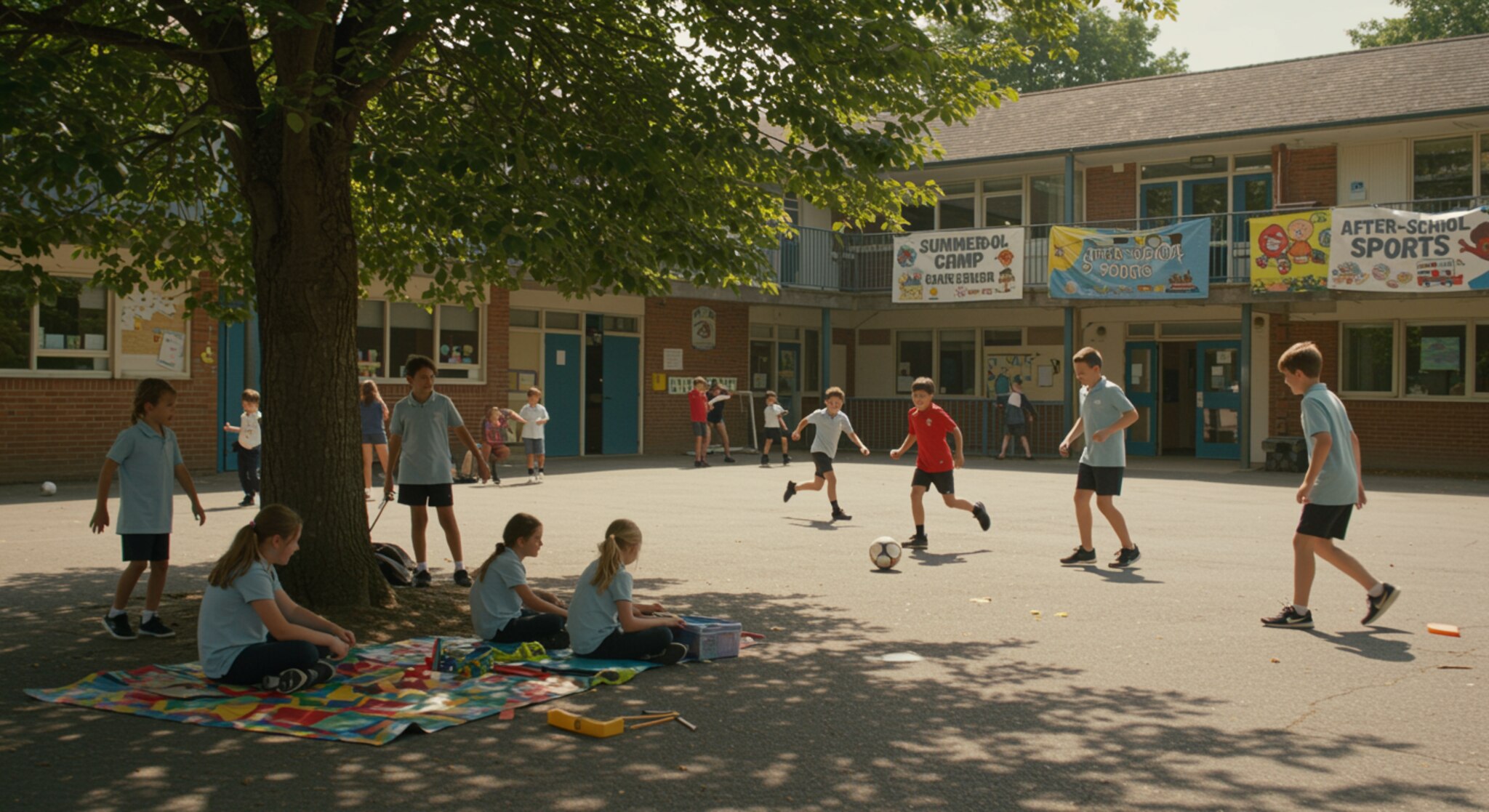 "Niños felices en un soleado patio escolar, disfrutando de actividades educativas y deportivas bajo un árbol frondoso, ideal para promover campamentos de verano y deportes después de clases."