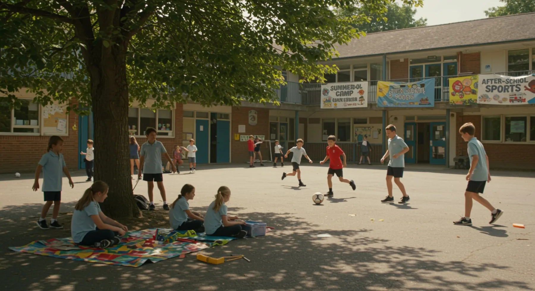 imagen26 3 "Niños felices en un soleado patio escolar, disfrutando de actividades educativas y deportivas bajo un árbol frondoso, ideal para promover campamentos de verano y deportes después de clases."